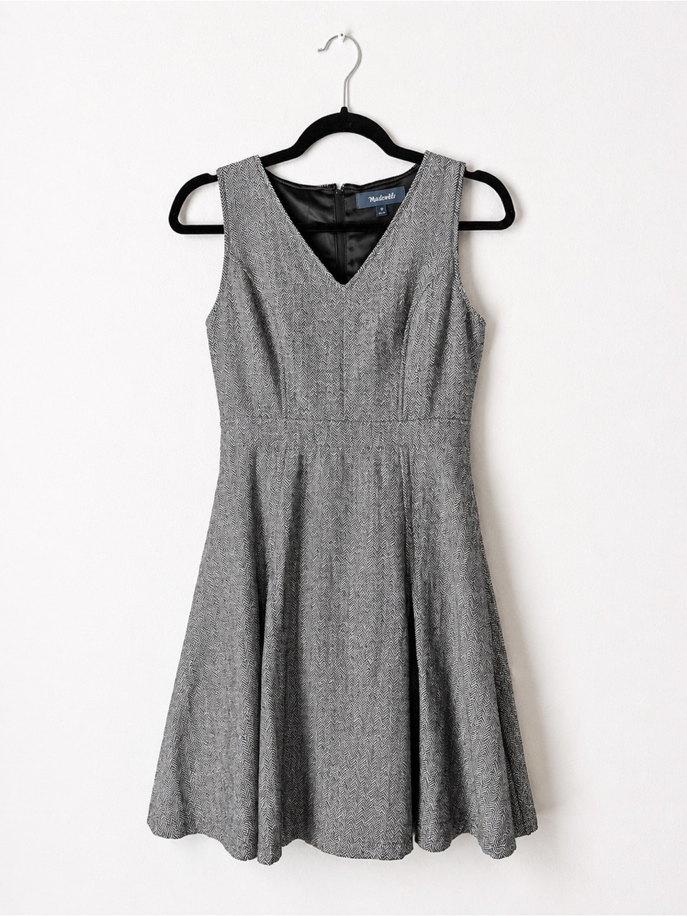 Gray Herringbone Fit & Flare Dress V Neck Dark Academia: With Pockets